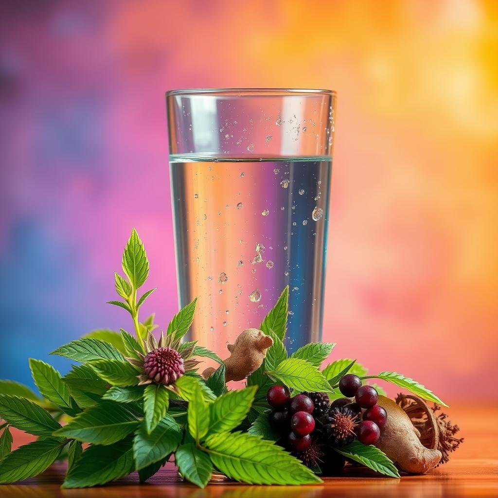 A glass of clear water emerges from a vibrant backdrop, symbolizing the essence of hydration. Shimmering water droplets cling to the glass, reflecting the warm, diffused lighting that illuminates the scene. In the foreground, a cluster of fresh, lush green leaves and herbs - such as echinacea, ginger, and elderberry - cascade around the water glass, representing the immune-boosting properties of natural botanicals. The overall composition evokes a sense of balance and vitality, inviting the viewer to consider the powerful synergy between hydration and immune support.