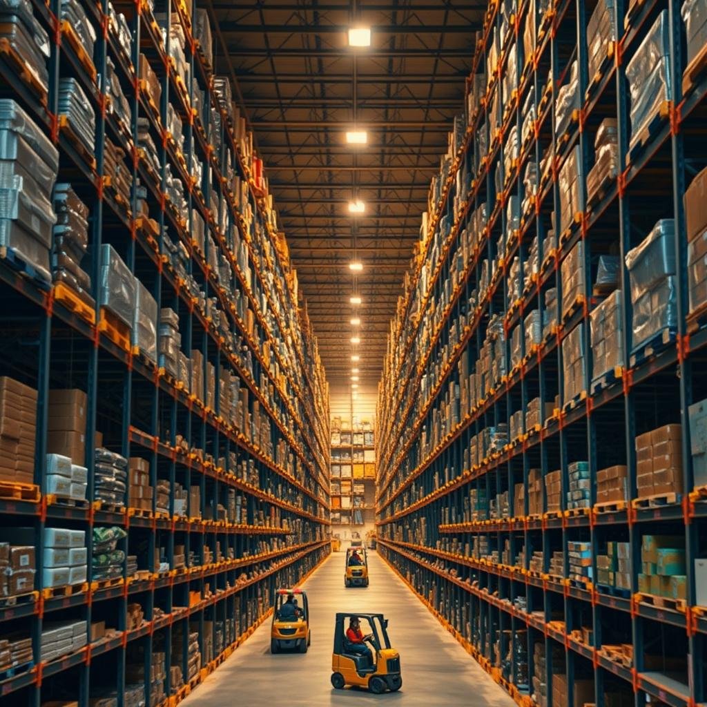 A high-density warehouse interior, bathed in warm industrial lighting. Towering metal shelving units stretch into the distance, neatly stacked with a variety of products and supplies. Forklift vehicles move efficiently between the aisles, their operators navigating the intricate layout. The scene conveys a sense of order and optimization, with every inch of space utilized to its fullest potential. The overall atmosphere is one of productivity and efficiency, showcasing the kind of organized, high-capacity storage that is essential for modern business operations.