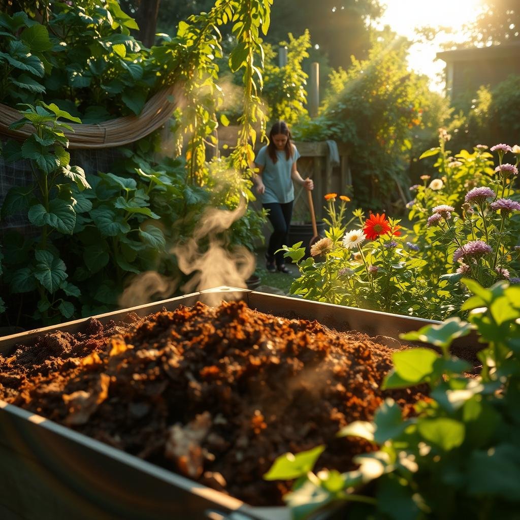A lush, verdant backyard garden with a large compost bin in the foreground. The bin is filled with decaying organic matter, steam rising gently from the rich, dark humus. In the middle ground, a person is tending to the compost, carefully turning the mixture with a pitchfork. Surrounding the scene, thriving vegetable plants and flowers sway in a soft breeze. Warm, golden sunlight filters through the foliage, casting a serene, earthy glow. The overall atmosphere conveys a sense of renewal and the cyclical transformation of waste into nourishing, life-giving soil.