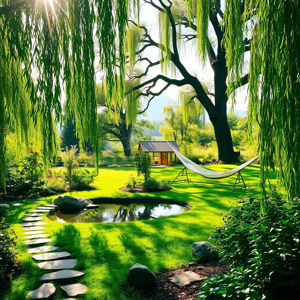 A lush, verdant garden oasis with a serene pond, surrounded by a gentle canopy of willow trees and fragrant blooming flora. Dappled sunlight filters through the leaves, casting a warm, tranquil glow across the scene. In the foreground, a winding stone path leads to a secluded meditation area, adorned with smooth rocks and a soothing water feature. The middle ground features a well-tended vegetable patch and a hammock strung between two towering oak trees, inviting relaxation and rejuvenation. In the distance, a soft, hazy mountain range frames the peaceful landscape, creating a sense of balance and harmony. The overall atmosphere is one of tranquility, restoration, and a deep connection to the natural world.