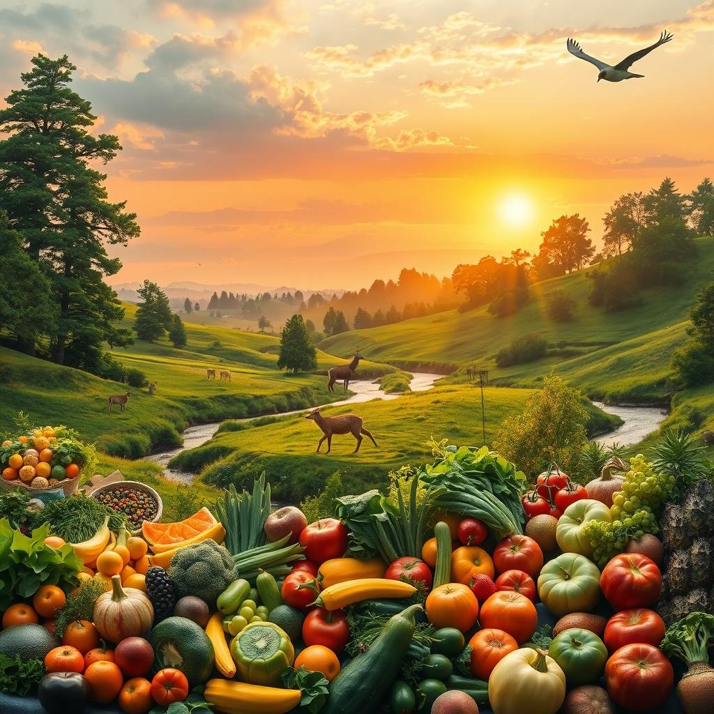 A lush, verdant landscape with towering trees, sprawling meadows, and a gentle stream winding through the scene. In the foreground, a diverse array of vibrant fruits and vegetables arranged in a bountiful display, symbolizing the abundance of plant-based sustenance. The middle ground features images of thriving wildlife, from playful deer to soaring birds, representing the harmony between plant-based eating and a healthy, balanced ecosystem. The background showcases a striking sunset, painting the sky in warm, golden hues, evoking a sense of tranquility and environmental stewardship. Soft, natural lighting filters through the scene, creating a serene and inviting atmosphere. The overall composition conveys the profound environmental and ethical benefits of embracing a plant-based lifestyle.