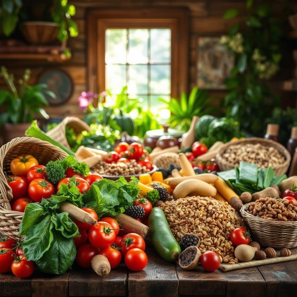 A lush, vibrant plant-based feast fills the frame, artfully arranged on a rustic wooden table. In the foreground, a variety of colorful fruits and vegetables - juicy tomatoes, crisp leafy greens, and earthy roots - spill out of woven baskets, inviting the viewer to savor their wholesome goodness. The middle ground showcases an array of whole grains, legumes, and nuts, each item carefully placed to create a visually enticing composition. Dappled sunlight filters through a window, casting a warm, golden glow over the scene and accentuating the natural textures. The overall atmosphere exudes a sense of nourishment, vitality, and the joys of plant-based living.