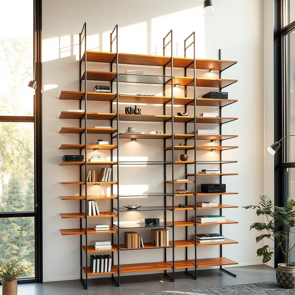 A meticulously designed vertical storage solution, showcasing an array of sleek, modular shelving units in a modern, minimalist setting. Sunlight streams through large windows, casting a warm glow on the well-organized, space-saving storage system. Elegant steel frames support floating wooden or glass shelves, allowing for a clean, uncluttered aesthetic. Strategically placed task lighting illuminates specific areas, highlighting the versatility and functionality of the vertical setup. The overall arrangement exudes a sense of order and efficiency, perfectly suited for a home office, living room, or any space-constrained environment seeking to maximize vertical potential.