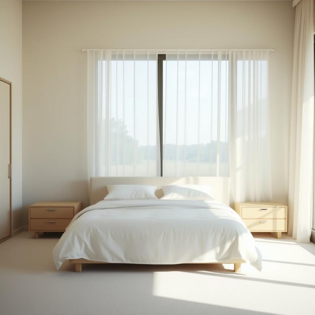 A minimalist bedroom with clean lines and neutral tones. Soft natural lighting filters through sheer curtains, casting a warm glow. A neatly made bed with simple white linens takes center stage, flanked by two understated nightstands. In the background, a large window overlooks a serene outdoor scene, emphasizing the connection between the interior and the natural world. The overall atmosphere is one of calm, uncluttered tranquility, reflecting the principles of minimalism in daily life.