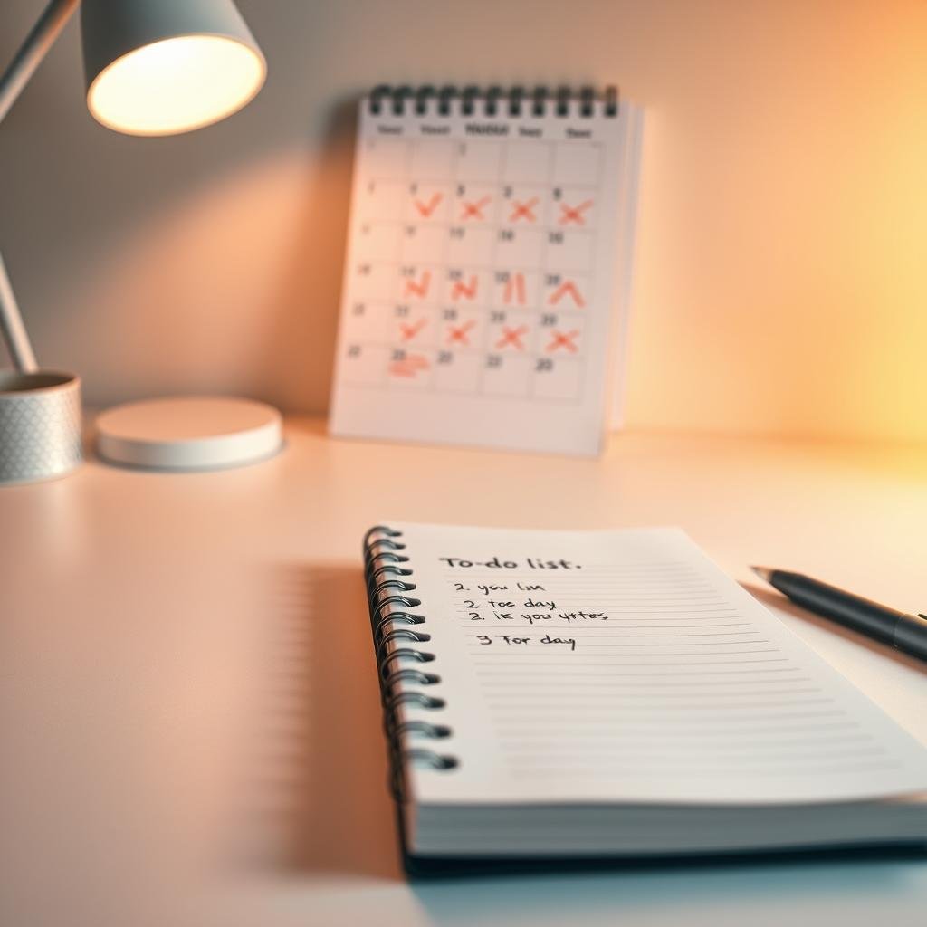 A minimalist desk setup with a to-do list notebook open, a pen, and a smart lamp illuminating the scene. In the background, a wall calendar highlights days crossed off, symbolizing the consistent habit formation. Warm, soft lighting creates a focused, productive atmosphere. The camera angle is a close-up, emphasizing the tangible elements of the habit-building process. The overall composition conveys a sense of organization, discipline, and the satisfaction of completing tasks over time.