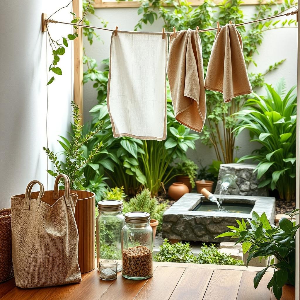 A minimalist household with natural textures and earthy tones. In the foreground, a wooden compost bin sits beside a reusable tote bag and glass jars for storing dry goods. In the middle ground, a clothesline hangs with neatly folded organic cotton towels drying in the soft, diffused light. The background features a lush, vibrant garden with leafy plants and a small water feature, conveying a sense of tranquility and sustainability. The overall mood is one of simplicity, eco-consciousness, and a balanced, low-waste lifestyle.
