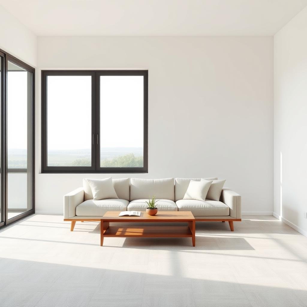 A minimalist living room in soft natural light, with clean lines and muted colors. A large window frames a serene outdoor landscape, allowing natural light to flood the space. A simple, yet elegant couch with soft cushions occupies the foreground, complemented by a low wooden coffee table. The middle ground features a small, potted plant and a few carefully selected decorative items, creating a sense of balance and tranquility. The background showcases bare white walls, emphasizing the open, uncluttered aesthetic. The overall atmosphere evokes a sense of calm and focus, inviting the viewer to embrace a more mindful, intentional lifestyle.