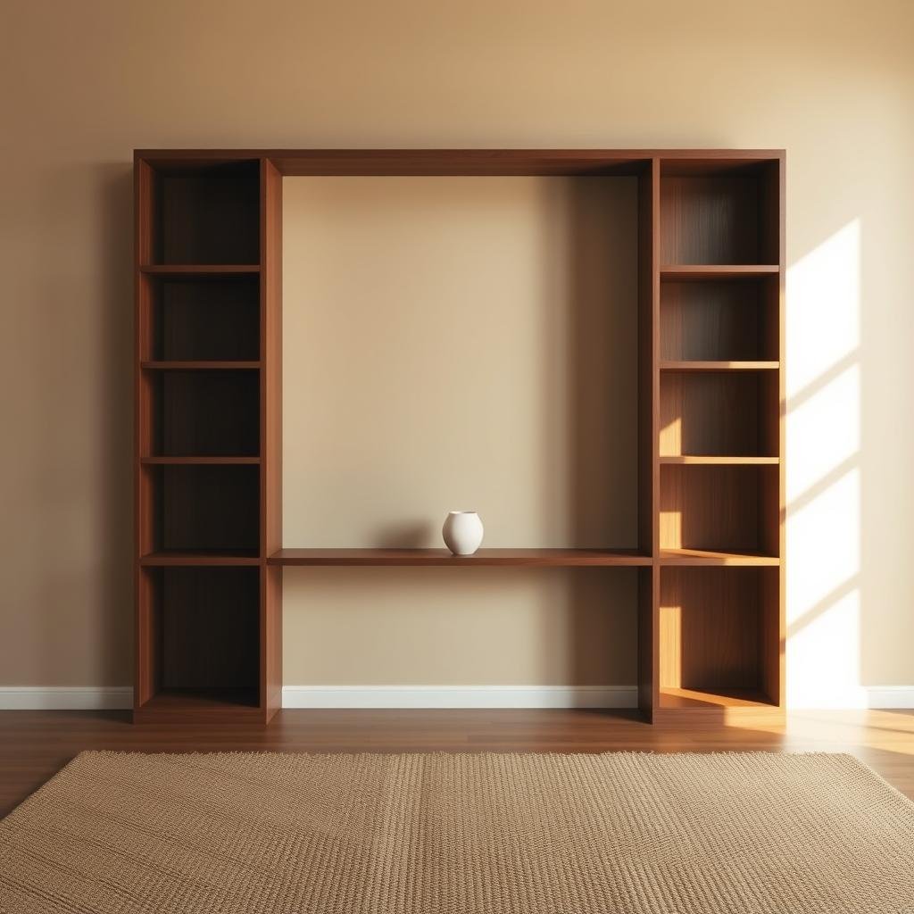 A minimalist living room with a prominent wooden bookshelf. In the center, a single item sits on the middle shelf, representing the "one in, one out" rule. Soft, natural lighting illuminates the space, creating a sense of calm and balance. The room's walls are painted in a soothing, earthy tone, and the floor is covered in a neutral, textured rug. The bookshelf is made of rich, dark-stained wood, adding warmth and contrast to the scene. The overall composition emphasizes the simplicity and order of the space, conveying the essence of the "one in, one out" decluttering technique.
