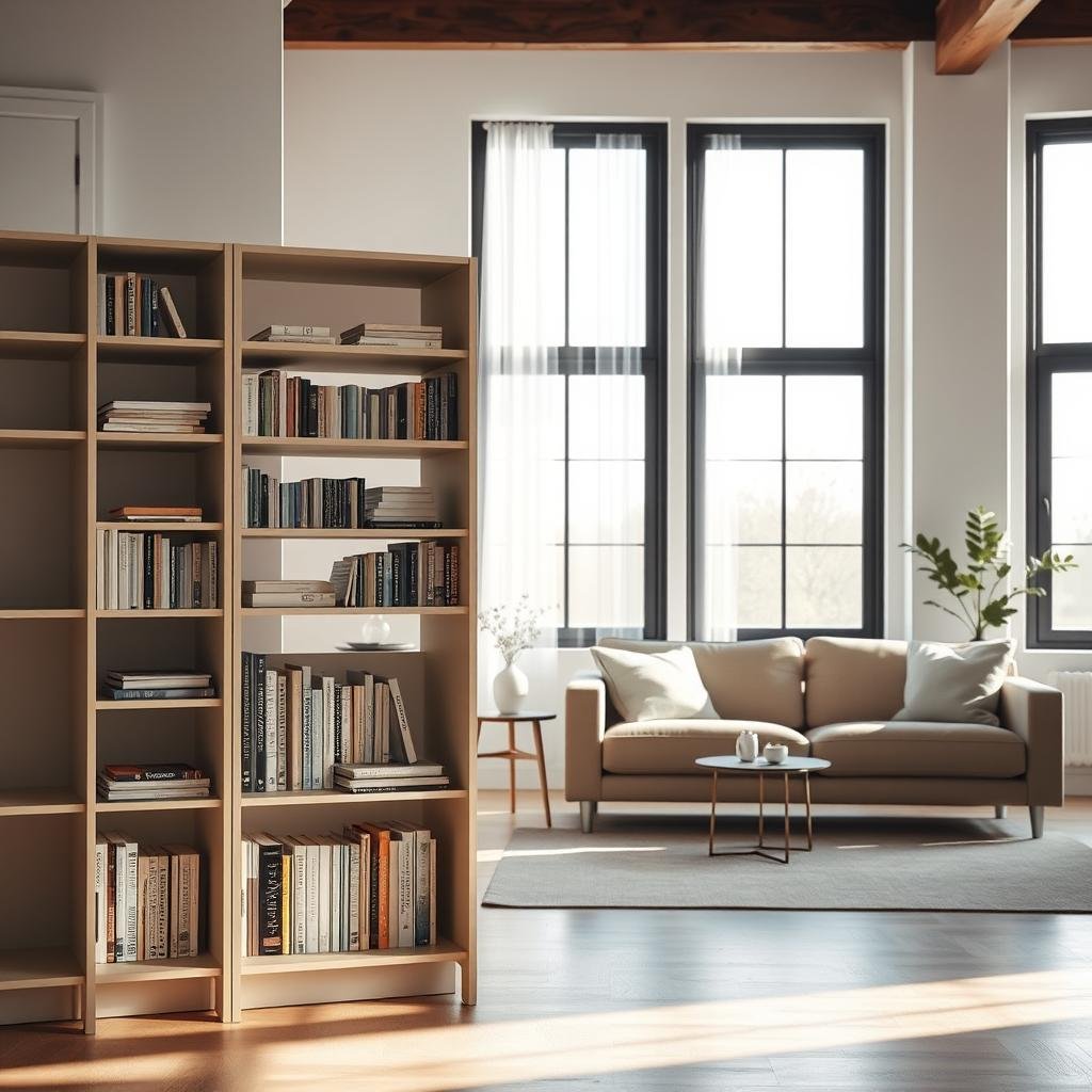 A minimalist living room with an abundance of natural light filtering through large windows. In the foreground, a neatly organized bookshelf stands, its shelves void of clutter, offering a sense of serenity. In the middle ground, a plush, neutral-toned sofa invites relaxation, complemented by a small side table holding a simple vase of flowers. The background reveals clean, white walls and a subtle, earthy-toned rug, creating a calming and harmonious atmosphere. The overall scene evokes a soothing, decluttered aesthetic that promotes a stress-free, mindful living experience.