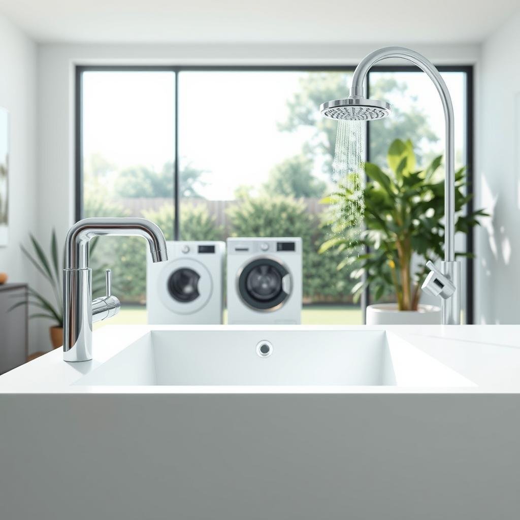 A minimalist, realistic depiction of water conservation practices in a modern, stylish home interior. In the foreground, sleek, water-efficient faucets and showerheads shine under bright, natural lighting. The middle ground showcases a water-saving washing machine and a drought-tolerant indoor plant, reflecting a harmonious balance between function and aesthetics. The background reveals a large window overlooking a lush, green backyard, creating a calming, eco-friendly atmosphere. Muted colors, clean lines, and a focus on sustainable appliances and fixtures convey a sense of environmental responsibility and design-savvy living.