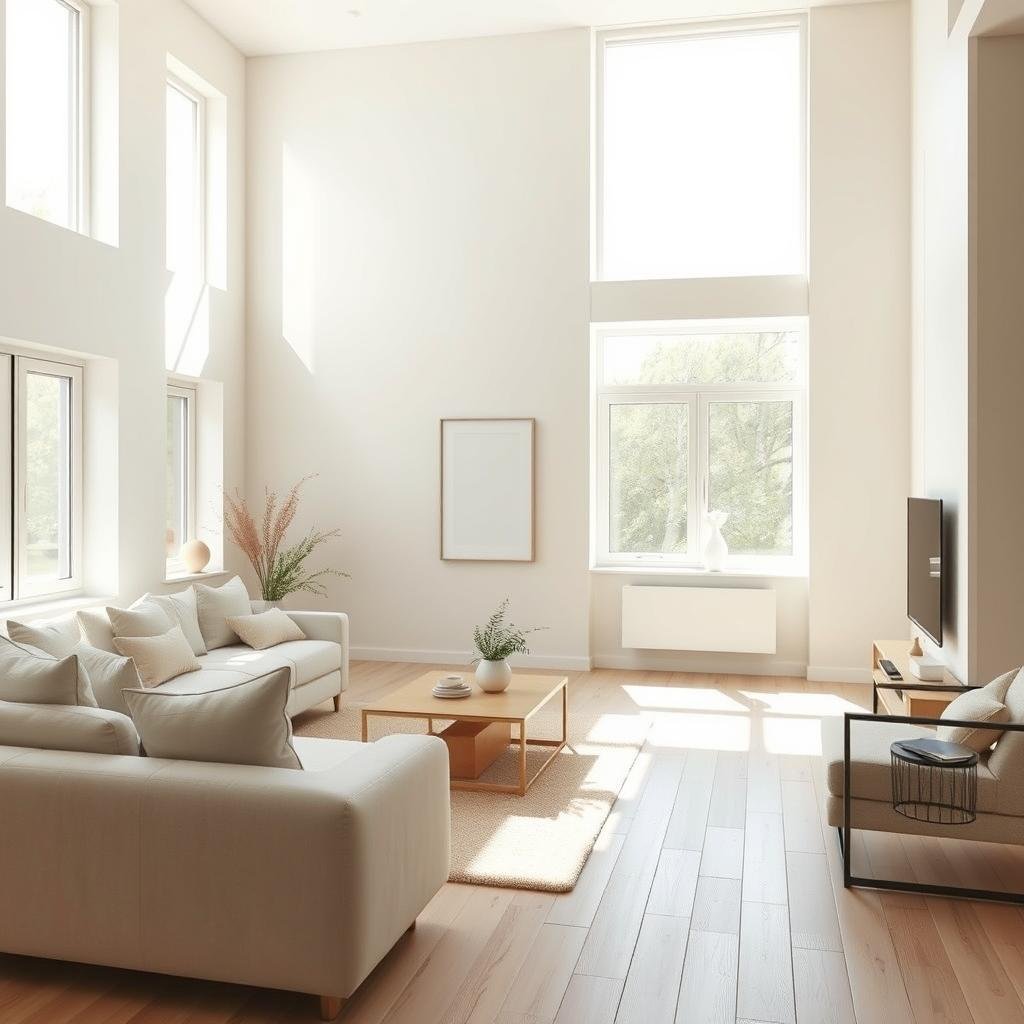 A minimalist, serene living room bathed in warm, natural lighting. Sunlight streams through large windows, casting a soft glow on the clean, uncluttered surfaces. A neutral color palette of whites, grays, and light wood tones creates a calming, harmonious atmosphere. A single, statement piece of artwork or a potted plant provides a subtle focal point, allowing the eye to rest. The room's layout is thoughtfully designed, with carefully curated furniture and decor that enhance the sense of spaciousness and tranquility. An air of simplicity and intentionality pervades the scene, inviting mindfulness and inner peace.