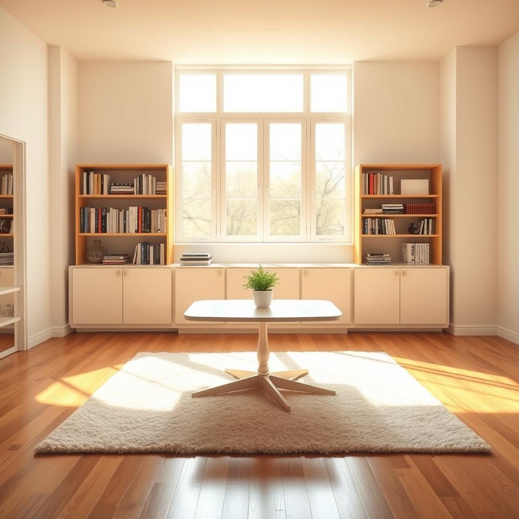 A minimalist, sun-drenched living room with clean, uncluttered surfaces. An expansive window floods the space with warm, natural light, casting soft shadows across a neatly organized bookshelf and a simple, elegant table devoid of unnecessary items. The floors are hardwood, with a plush, neutral-toned rug anchoring the room. A single, carefully-placed plant adds a touch of vibrant greenery, while the overall atmosphere exudes a sense of serene, unencumbered tranquility. The entire scene conveys a feeling of mental clarity and focus, perfectly embodying the essence of physical decluttering.