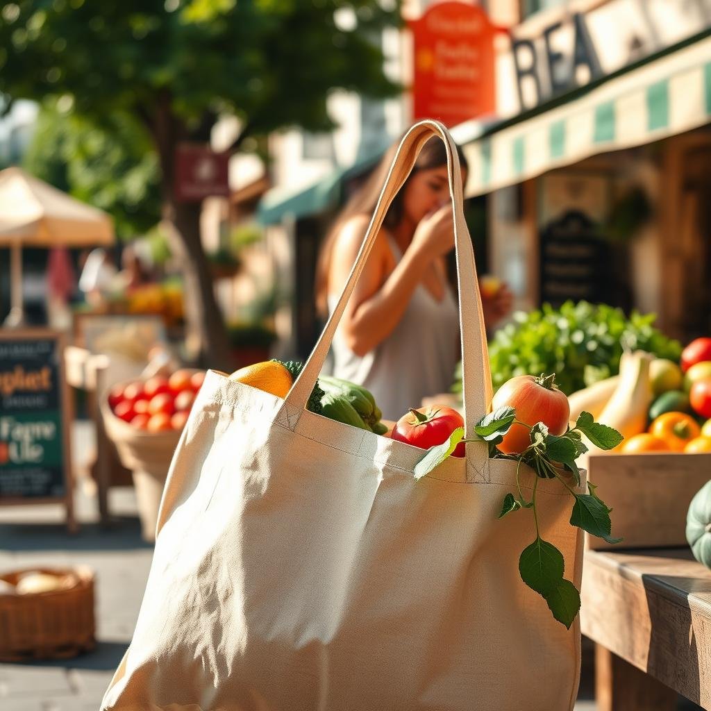 A minimalist yet vibrant scene of sustainable shopping habits. In the foreground, a reusable tote bag filled with fresh produce from a local farmer's market, its natural textures and colors creating a warm, earthy tone. In the middle ground, a person carefully selecting seasonal fruits and vegetables, their movements graceful and mindful. The background features a sun-dappled street lined with quaint shops, their facades adorned with eco-friendly signage. Warm, soft lighting filters through the scene, conveying a sense of tranquility and environmental consciousness. Emphasis on natural materials, organic shapes, and a harmonious color palette that evokes a lifestyle of sustainable, responsible consumption.