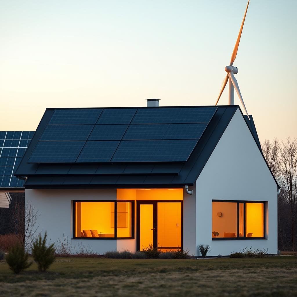 A modern, energy-efficient home set against a backdrop of renewable energy sources. In the foreground, a sleek, minimalist house with clean lines and large windows, showcasing cutting-edge insulation and smart home technologies. In the middle ground, solar panels covering the roof, harnessing the power of the sun. In the background, a wind turbine silently spinning, generating clean, sustainable electricity. The image is bathed in a warm, golden light, conveying a sense of comfort, efficiency, and environmental responsibility. A cinematic, wide-angle lens captures the harmonious integration of technology and nature, reflecting the ethos of "Smart & Sustainable" living.
