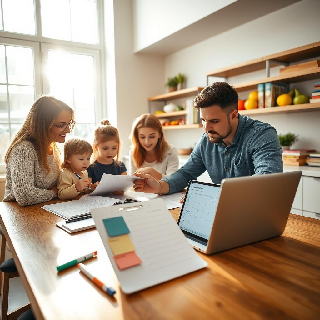 A modern, light-filled kitchen with a family gathered around a wooden table, poring over recipe books and calendars. Bright sunlight streams in through large windows, casting a warm glow over the scene. In the foreground, a mother and father collaborate on a meal plan, jotting down ideas while their children offer suggestions. The middle ground features an open laptop displaying an online grocery list, with magnetic notes and dry erase markers nearby. In the background, colorful produce and cookbooks are neatly arranged on sleek shelves, hinting at the family's commitment to healthy, home-cooked meals. The overall atmosphere is one of efficiency, organization, and quality time spent together.