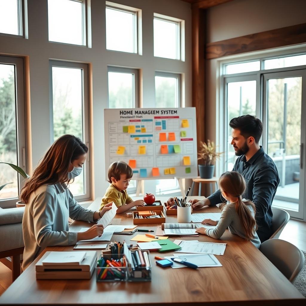 A modern, light-filled living room with a family gathered around a large table, actively collaborating on home management tasks. In the foreground, a mother and father review schedules and to-do lists, while their children sort and organize household items. The middle ground features a whiteboard or cork board displaying a detailed home management system, with color-coded sections and sticky notes. The background showcases large windows, allowing natural light to flood the space and create an atmosphere of openness and productivity. Warm, inviting lighting complements the earthy, minimalist decor, conveying a sense of harmony and cooperation as the family works together to overcome common home management challenges.