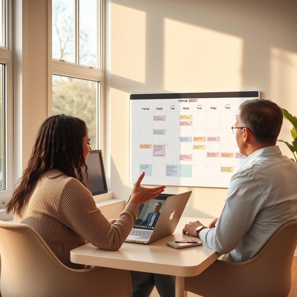 A modern, tidy home office with a large calendar on the wall. A person is sitting at the desk, sharing the calendar on their laptop screen with another person sitting across from them. The room is bathed in warm, natural light filtering through large windows. The calendar displays upcoming family events and appointments, with icons and color-coding to denote various categories. The two people are engaged in a friendly discussion, gesturing towards the calendar. The atmosphere is collaborative and productive, conveying the idea of efficiently coordinating schedules and activities with non-family members.