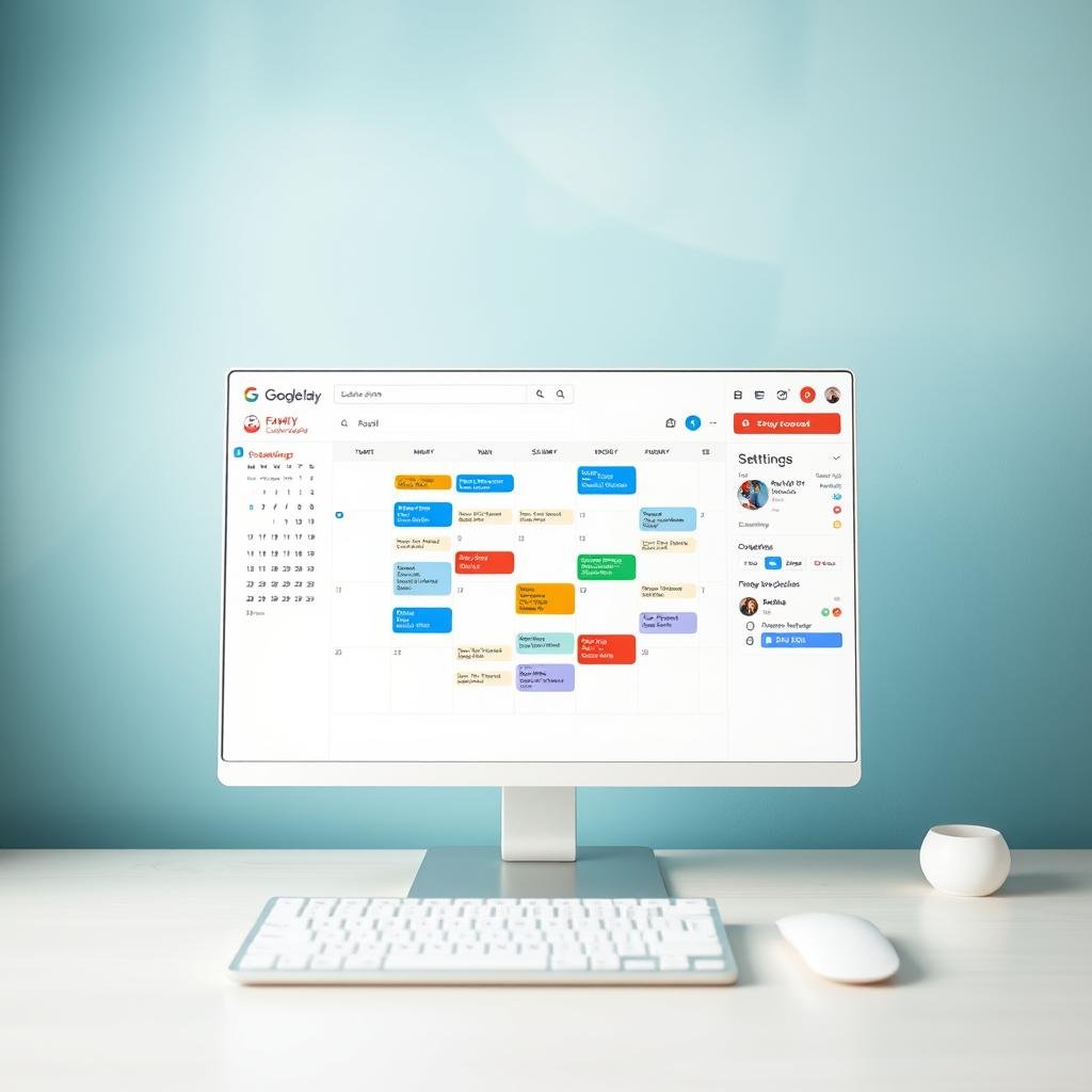 A neatly organized Google Calendar interface, showcasing a family's schedule in a clean, minimalist style. The foreground features a central calendar view, with various colored event blocks and icons denoting different family members' activities. The middle ground includes sidebar panels for settings, notifications, and sharing options. The background has a soft, blurred gradient in soothing blues and greens, creating a calming, focused atmosphere. Crisp, natural lighting illuminates the scene, captured with a wide-angle lens to provide a comprehensive overview of the setup. The overall impression is one of a well-structured, user-friendly digital family organizer.