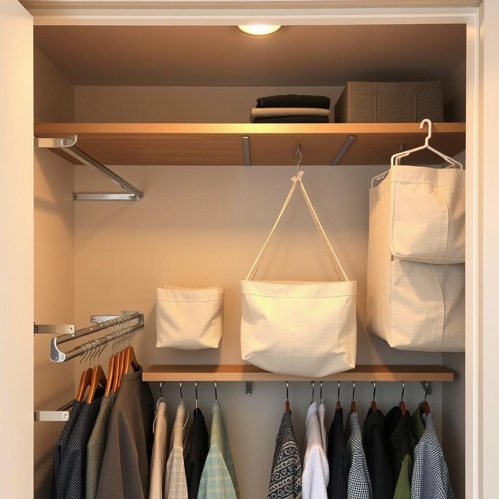 A neatly organized closet with various creative hanging storage solutions. A mix of sleek metal rods, wooden shelves, and fabric-lined bins suspended from the ceiling, creating a visually appealing and functional space. Soft, warm lighting illuminates the scene, highlighting the natural textures and materials. The layout is thoughtfully designed, maximizing vertical space and accessibility, with items within easy reach. A sense of order and efficiency pervades the image, inspiring ideas for maximizing storage in a limited closet area.