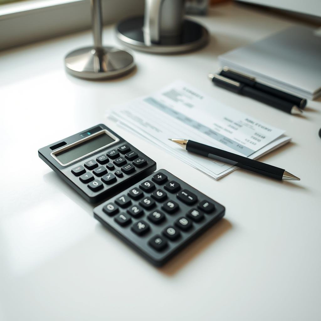 A neatly organized desk with a calculator, pen, and paycheck stubs arranged in a focused, intentional manner. The setting is well-lit by a soft, natural light filtering through a window, creating a serene and productive atmosphere. The angle is slightly elevated, giving a bird's-eye view of the workspace, emphasizing the importance of the task at hand - carefully calculating the net income from the paycheck. The overall mood is one of financial responsibility and thoughtful money management.
