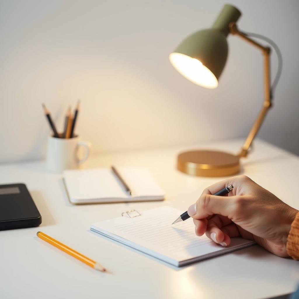 A neatly organized desk with a clean white surface, a sharp pencil, a simple notepad, and a minimalist desk lamp casting a warm, focused light. In the foreground, a pair of hands holding a pen, ready to jot down essential daily tasks. The background is a soft, blurred gradient, gently guiding the viewer's attention to the core elements of an effective to-do list: the tools and the act of writing it down. The overall scene conveys a sense of focus, productivity, and simplicity - the building blocks of a successful daily plan.
