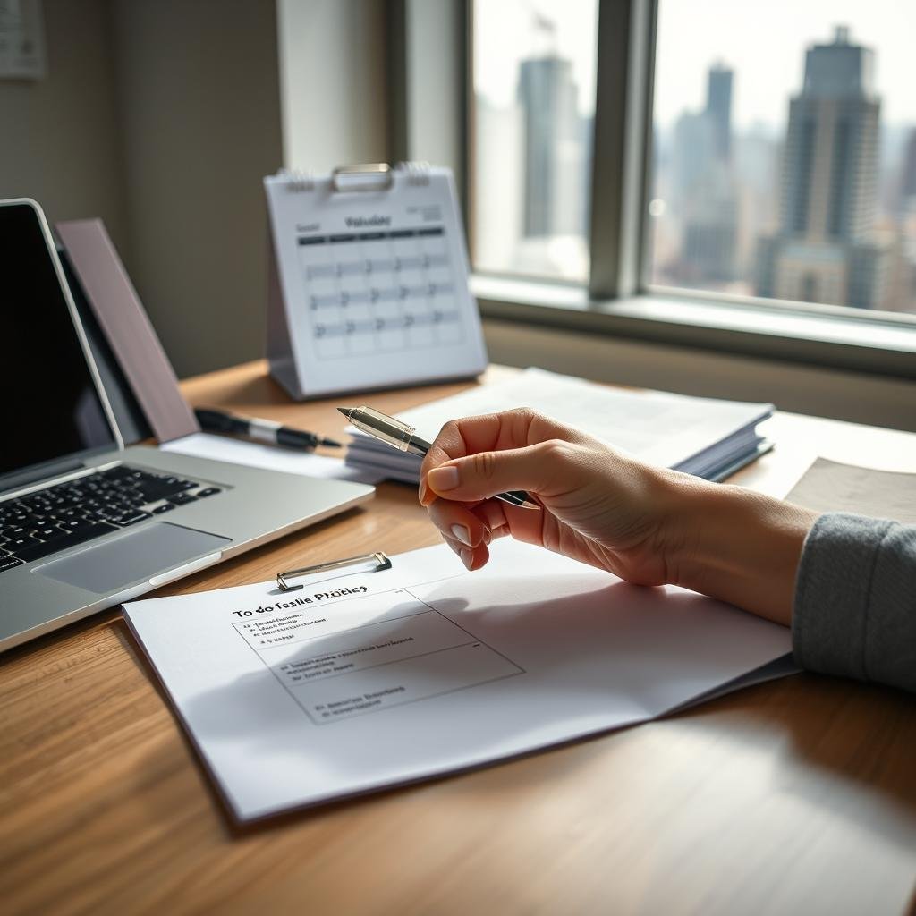 A neatly organized desk with a laptop, a stack of papers, and a calendar. In the foreground, a hand holding a pen hovers over a to-do list, carefully prioritizing tasks. The lighting is soft and natural, creating a focused, productive atmosphere. In the background, a window overlooking a city skyline, suggesting a professional office setting. The composition is balanced, with the subject matter occupying the center of the frame, encouraging the viewer to consider the importance of task prioritization for maximum efficiency.