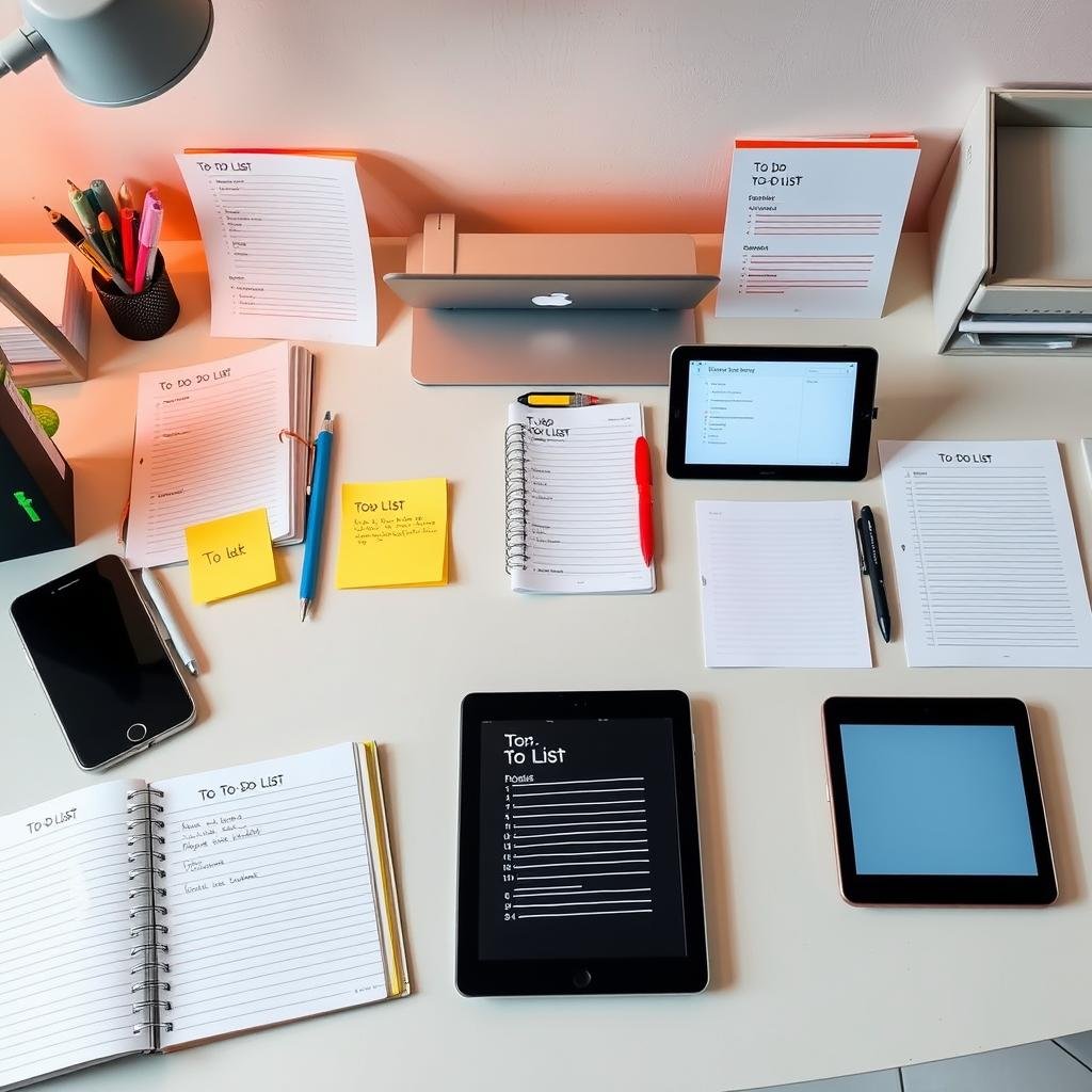 A neatly organized desk with various to-do list formats laid out in a comparative display. The foreground features a series of notebooks, sticky notes, and digital devices showcasing different to-do list layouts and styles. The middle ground presents a clean, minimalist workspace with thoughtfully arranged office supplies, creating a sense of efficiency and productivity. The background offers a soft, warm lighting that enhances the professional, yet inviting atmosphere. The overall composition conveys a methodical, visually appealing exploration of the best to-do list formats to suit individual preferences and needs.