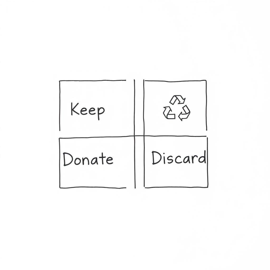A neatly organized four-box grid, meticulously drawn with clean lines and sharp edges, sits atop a minimalist white background. The boxes are arranged in a symmetrical 2x2 layout, each one precisely delineated with a crisp, black border. The four compartments are filled with simple yet expressive icons, representing the core elements of the "Four-Box Method" - 'Keep', 'Donate', 'Recycle', and 'Discard'. The scene is illuminated by soft, diffused lighting, casting subtle shadows that accentuate the geometry of the design. The overall aesthetic conveys a sense of order, clarity, and decisiveness, perfectly aligning with the "Instant Decision-Making" concept of the "Four-Box Method".