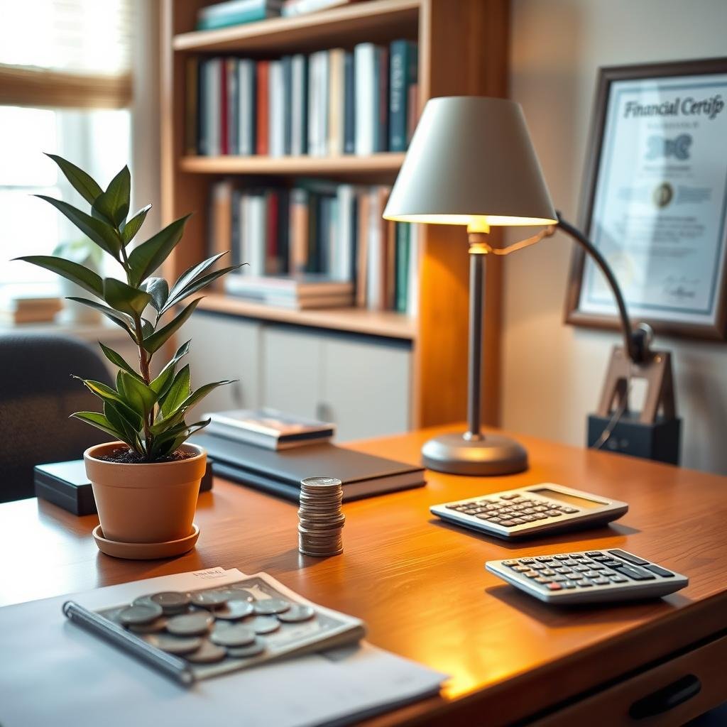 A neatly organized home office with a wooden desk, a potted plant, and a small stack of coins and bills. Warm, soft lighting from a table lamp casts a cozy glow, highlighting the tidy arrangement of stationery and a calculator. In the background, a bookshelf filled with financial literature and a framed certificate of financial accomplishment. The overall atmosphere conveys a sense of control, efficiency, and the financial benefits of maintaining an organized living space.