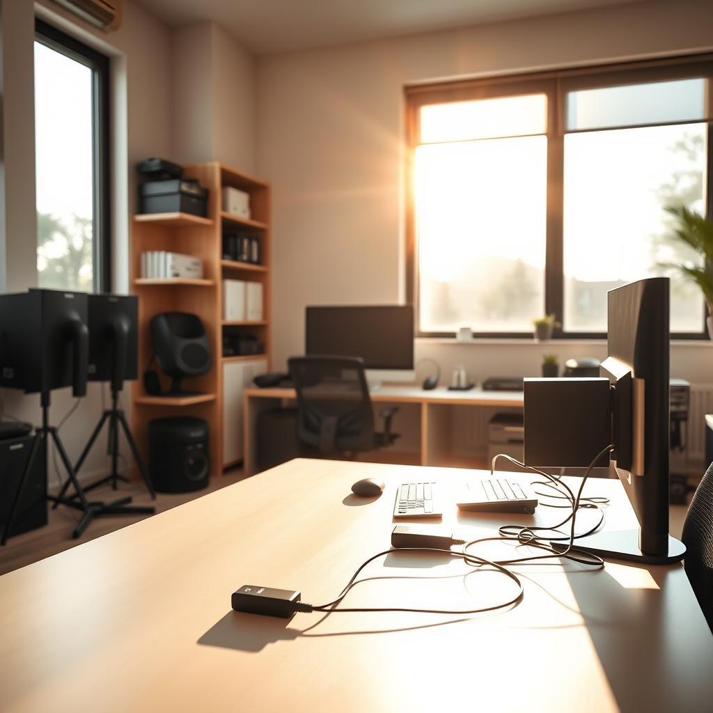 A neatly organized home office with strategically placed power outlets, a well-managed cable tray system, and an array of sleek, modern devices. The scene is bathed in warm, natural lighting filtering through large windows, creating a harmonious and productive atmosphere. In the foreground, a minimalist desk with a clean, clutter-free surface, while the background showcases shelves and storage units expertly concealing wires and cords. The overall impression is one of efficiency, functionality, and a thoughtfully designed workspace that promotes focus and productivity.