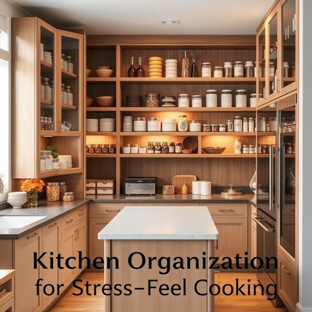 A neatly organized kitchen pantry with clean, well-labeled jars and containers, arranged in rows on wooden shelves. Soft, warm lighting casts a cozy glow, highlighting the harmonious color palette of natural wood tones and muted earth hues. Glass-fronted cabinets showcase a curated selection of artisanal cooking ingredients, while a central island provides ample counter space for meal preparation. The overall scene conveys a sense of order, efficiency, and a passion for culinary endeavors, perfectly suited for the "Kitchen Organization for Stress-Free Cooking" section.