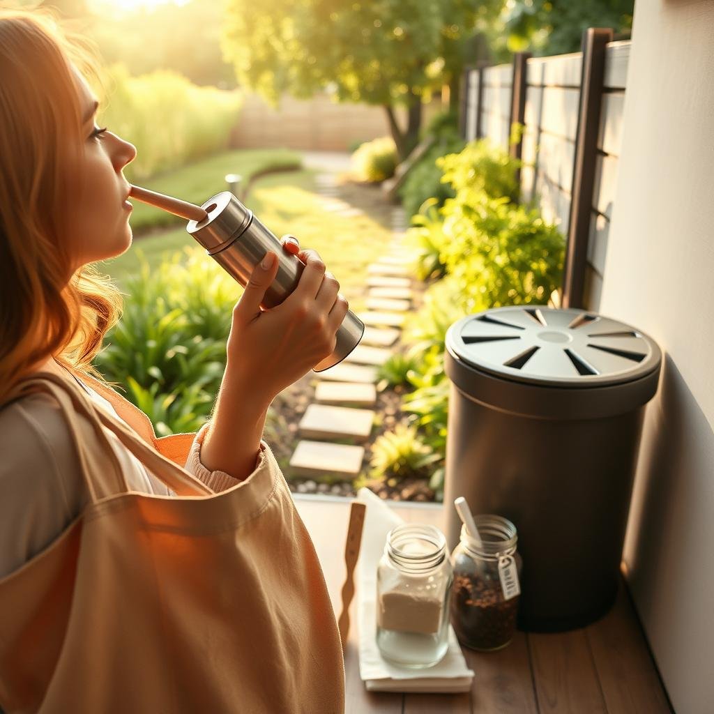A peaceful, minimalist journey towards zero waste. In the foreground, a person holds a reusable bag, sipping from a metal water bottle, surrounded by simple household items - a bamboo toothbrush, a glass jar, and a cloth napkin. The middle ground features a serene garden with lush greenery and a compost bin, symbolizing sustainable living. The background depicts a sun-dappled path leading into the distance, conveying a sense of progress and tranquility. Warm, natural lighting casts a soft glow, and the composition is shot from a slightly elevated angle, creating a contemplative, introspective atmosphere.