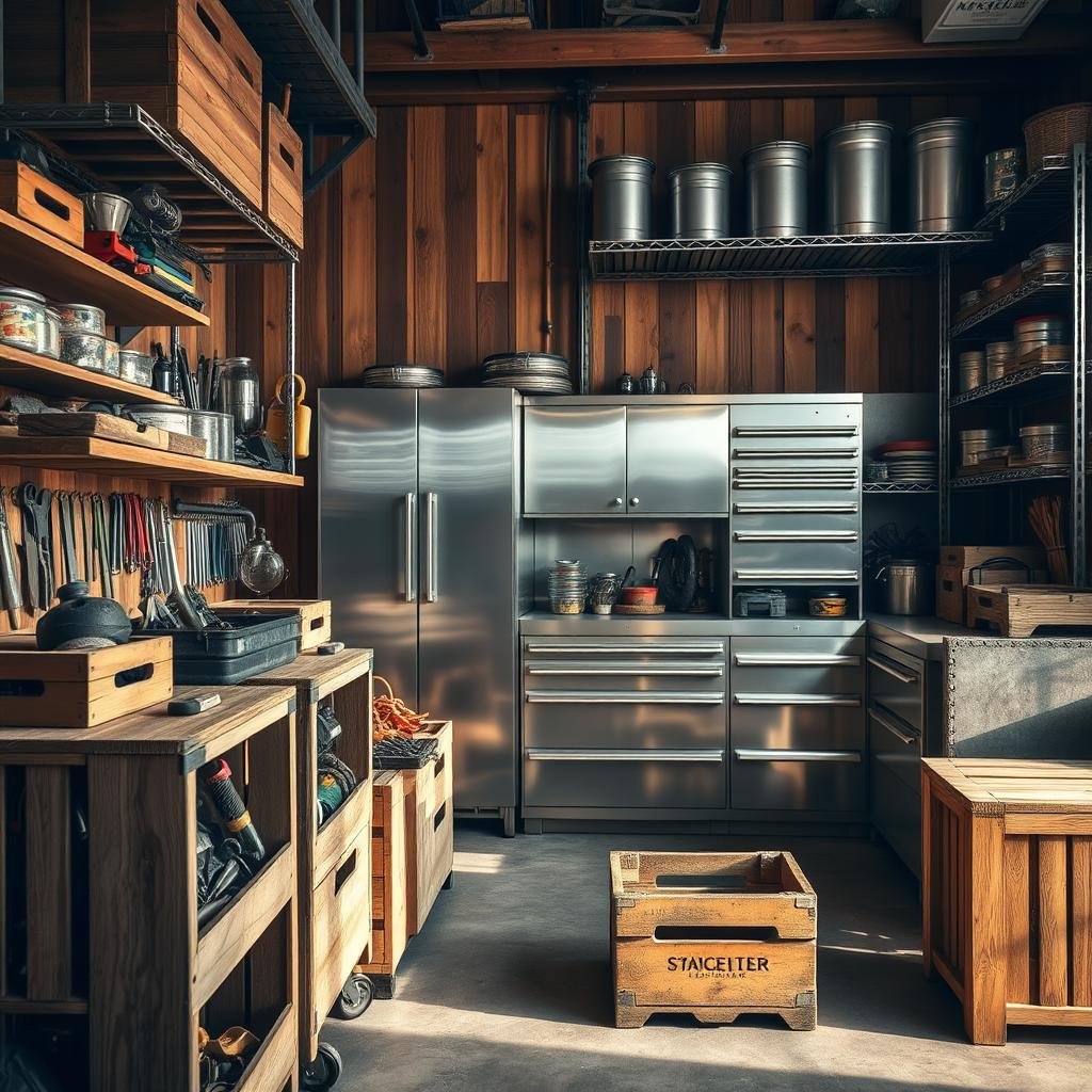 A rustic and industrial storage solution, featuring a harmonious blend of weathered wood and gleaming metal. In the foreground, sturdy wooden crates and shelves display an array of neatly organized tools and supplies. The middle ground showcases sleek metal cabinets and drawers, their surfaces polished to a shine. In the background, a wall-mounted metal rack holds various storage containers, creating a visually striking contrast with the natural wood tones. The scene is bathed in warm, directional lighting, casting subtle shadows and highlighting the textures of the materials. The overall atmosphere conveys a sense of functionality, durability, and a touch of vintage charm.