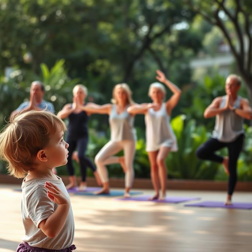 A serene and inviting scene of mindful movement across different ages. In the foreground, a young child performing gentle yoga poses with a sense of focus and wonder. In the middle ground, a group of adults of varying ages engaging in a flowing sequence of stretches and postures, their expressions calm and centered. The background depicts a tranquil outdoor setting, with soft natural lighting filtering through lush greenery. The overall atmosphere conveys a sense of balance, harmony, and the profound benefits of mindful physical practice for mental and emotional well-being.
