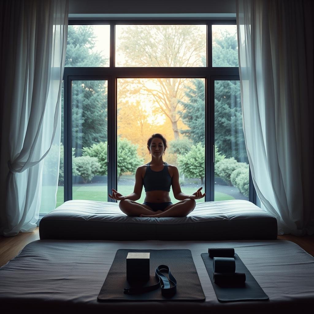 A serene, dimly lit bedroom with a large picture window overlooking a tranquil garden. A person is sitting cross-legged on a plush mattress, eyes closed in meditation, hands resting gently on their lap. Soft, warm lighting filters in from the window, casting a peaceful glow on the scene. Billowing white curtains sway gently, creating a sense of calm and mindfulness. In the foreground, a yoga mat and various props such as blocks and straps are neatly arranged, suggesting a practice has just been completed. The overall atmosphere is one of tranquility, restoration, and the connection between mindful movement and improved sleep quality.