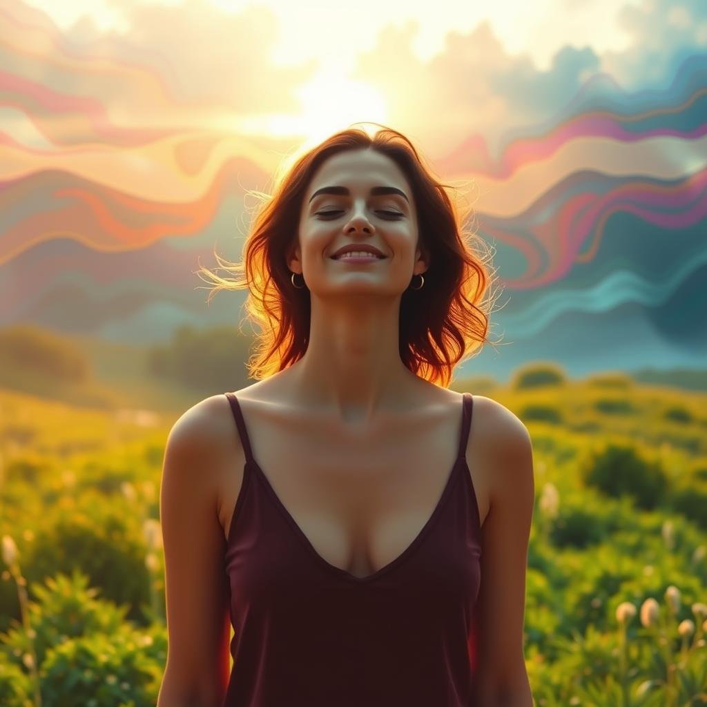 A serene, ethereal landscape where a woman stands at the center, her eyes closed and a gentle smile upon her face. The foreground is bathed in a warm, golden light, casting a soft glow on her features as she radiates an aura of self-acceptance and inner peace. The middle ground features a lush, verdant garden, symbolic of the nourishing self-compassion that has blossomed within her. In the background, a stunning, abstract landscape unfolds, blending vibrant colors and flowing shapes to represent the transformative power of self-love. The overall scene conveys a sense of tranquility, harmony, and the profound personal growth that emerges from embracing one's true self.