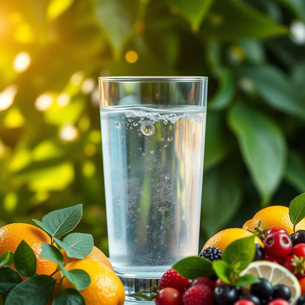A serene glass of crystal clear water, with beads of condensation glistening on the surface, set against a backdrop of lush, verdant leaves. The lighting is soft and diffused, casting a warm, natural glow that enhances the sense of vitality and nourishment. In the foreground, a cluster of vibrant, colorful fruits such as oranges, lemons, and berries, symbolizing the abundance of natural immunity-boosting nutrients. The overall composition conveys a harmonious balance, highlighting the essential role of hydration in supporting a strong and resilient immune system.
