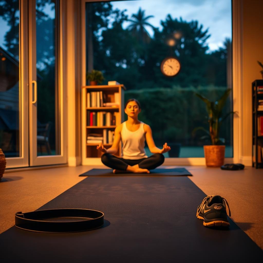 A serene home gym at dusk, with a floor-to-ceiling window overlooking a peaceful garden. Warm lighting casts a cozy glow, highlighting a yoga mat in the foreground, a resistance band, and a pair of running shoes neatly arranged. In the middle ground, a person sits cross-legged, eyes closed, deeply focused on their evening meditation. The background features a bookshelf filled with wellness-themed titles, and a clock on the wall subtly suggests the ideal time for winding down. The overall atmosphere conveys a sense of balance, mindfulness, and the importance of timing exercise for better rest.