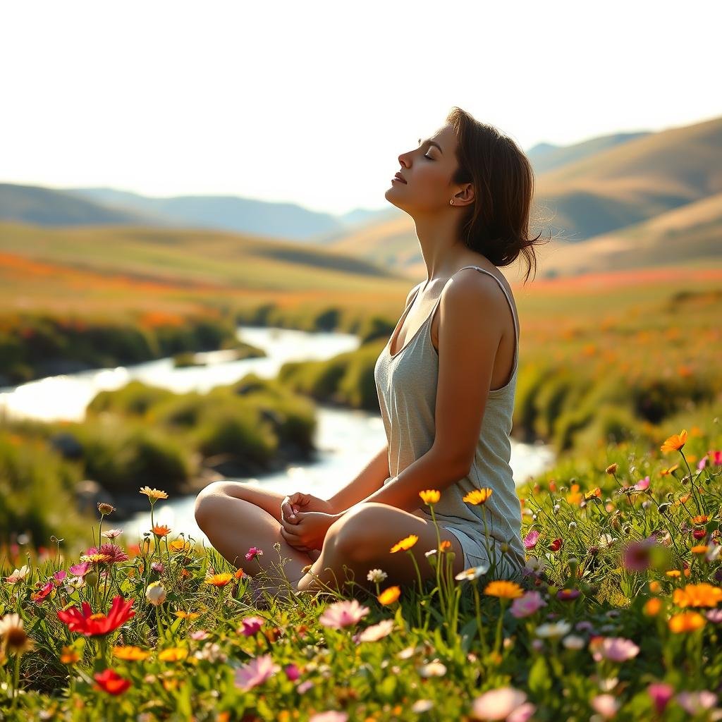 A serene landscape of a woman sitting cross-legged in a field of flowers, lost in deep contemplation. Warm, soft lighting caresses her face, conveying a sense of inner peace and self-acceptance. The middle ground features a flowing river, its gentle movements reflecting the woman's calm, introspective state. In the background, rolling hills dotted with vibrant wildflowers create a tranquil, picturesque setting. The overall atmosphere exudes a feeling of self-compassion, self-love, and personal growth.