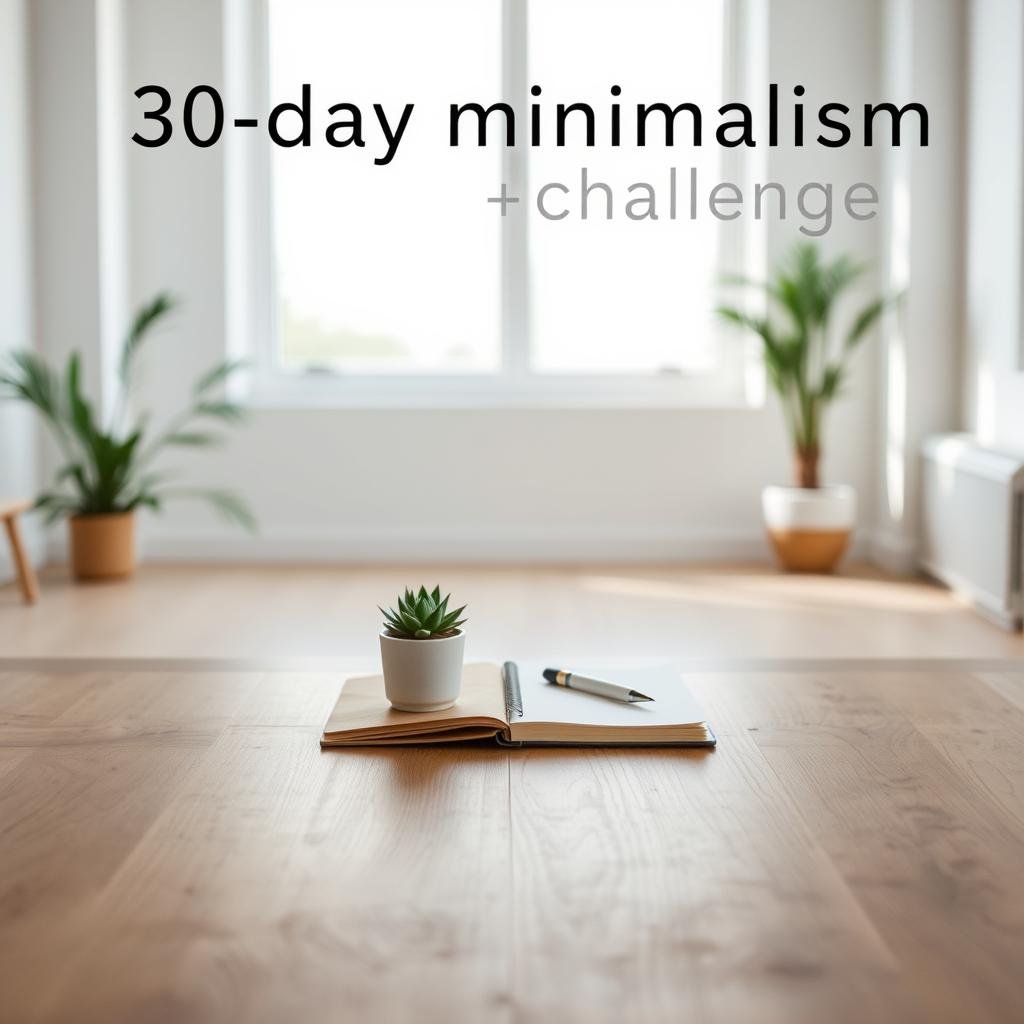 A serene, minimalist composition depicting the "30-day minimalism challenge". In the foreground, a simple wooden table with a few carefully selected objects - a potted succulent, a notebook, and a pen. The background features a bright, airy room with large windows allowing natural light to flood the space. Soft, diffused lighting creates a calming, meditative atmosphere. The color palette is muted, with earthy tones and touches of greenery to evoke a sense of balance and harmony. The overall scene conveys a sense of intentionality, focus, and the beauty of living with less.