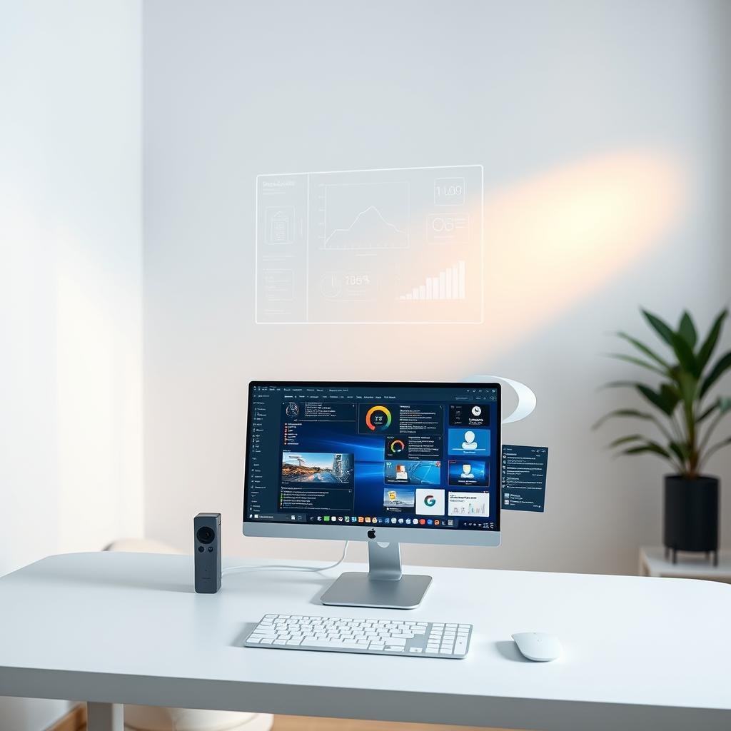 A serene, minimalist digital workspace. In the foreground, a neatly organized desktop with a sleek, high-resolution display, free of clutter. Meticulously arranged icons and windows, conveying a sense of order and productivity. The middle ground features a floating holographic interface, displaying clean, intuitive data visualizations. In the background, a softly lit, ethereal environment with muted tones, creating a calming, meditative atmosphere. Subtle ambient lighting gently illuminates the scene, emphasizing the harmony and simplicity of the digital decluttering.