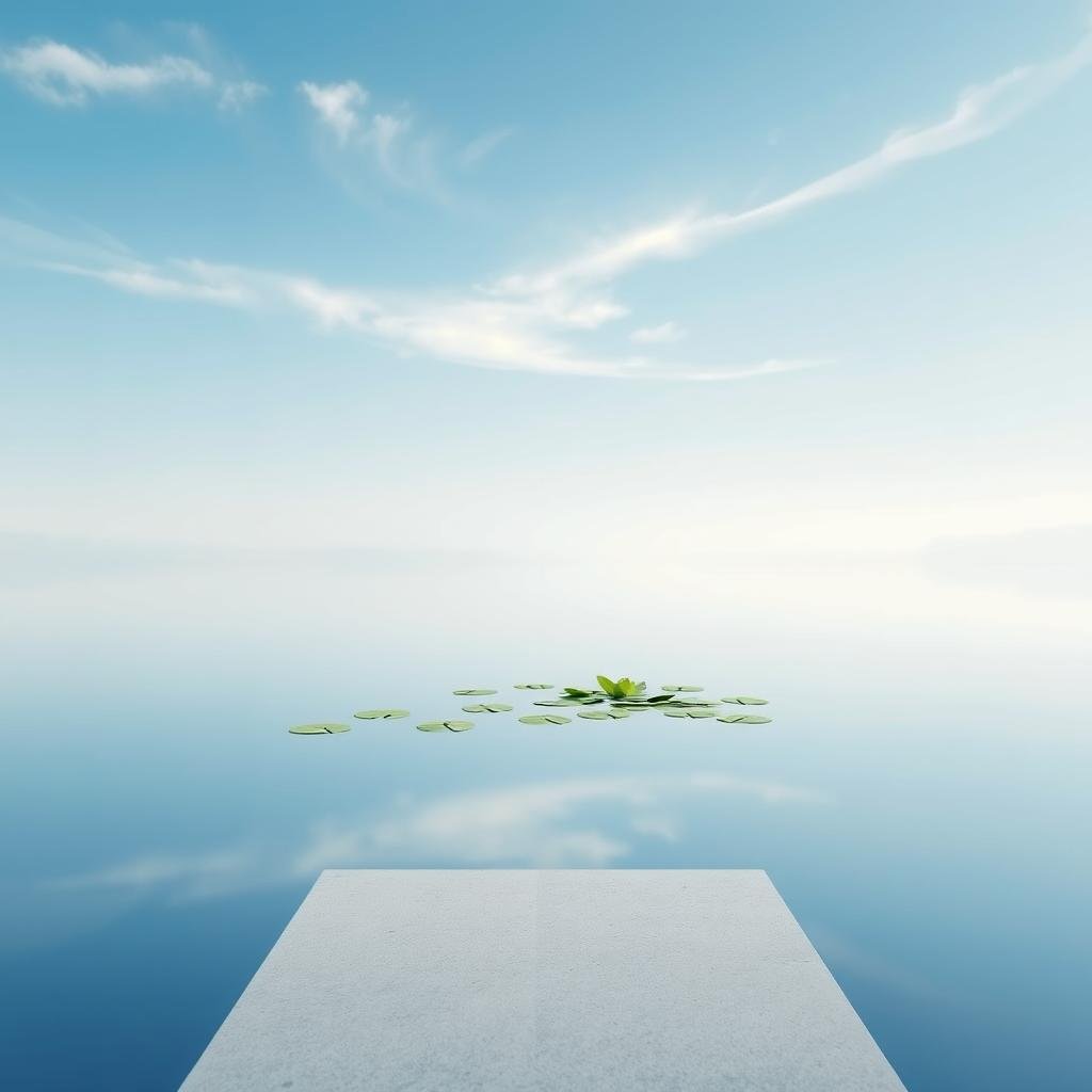 A serene, minimalist landscape of a tranquil pond reflecting a clear blue sky. The water's surface is a mirror-like calm, with delicate lily pads floating atop. In the foreground, a smooth stone path leads to the water's edge, inviting the viewer to pause and find inner peace. Soft, diffused lighting illuminates the scene, creating a sense of focus and clarity. Wispy clouds drift lazily overhead, and the background fades into a hazy horizon, symbolizing the clearing of the mind. The overall atmosphere is one of mental clarity, simplicity, and a profound sense of stillness.