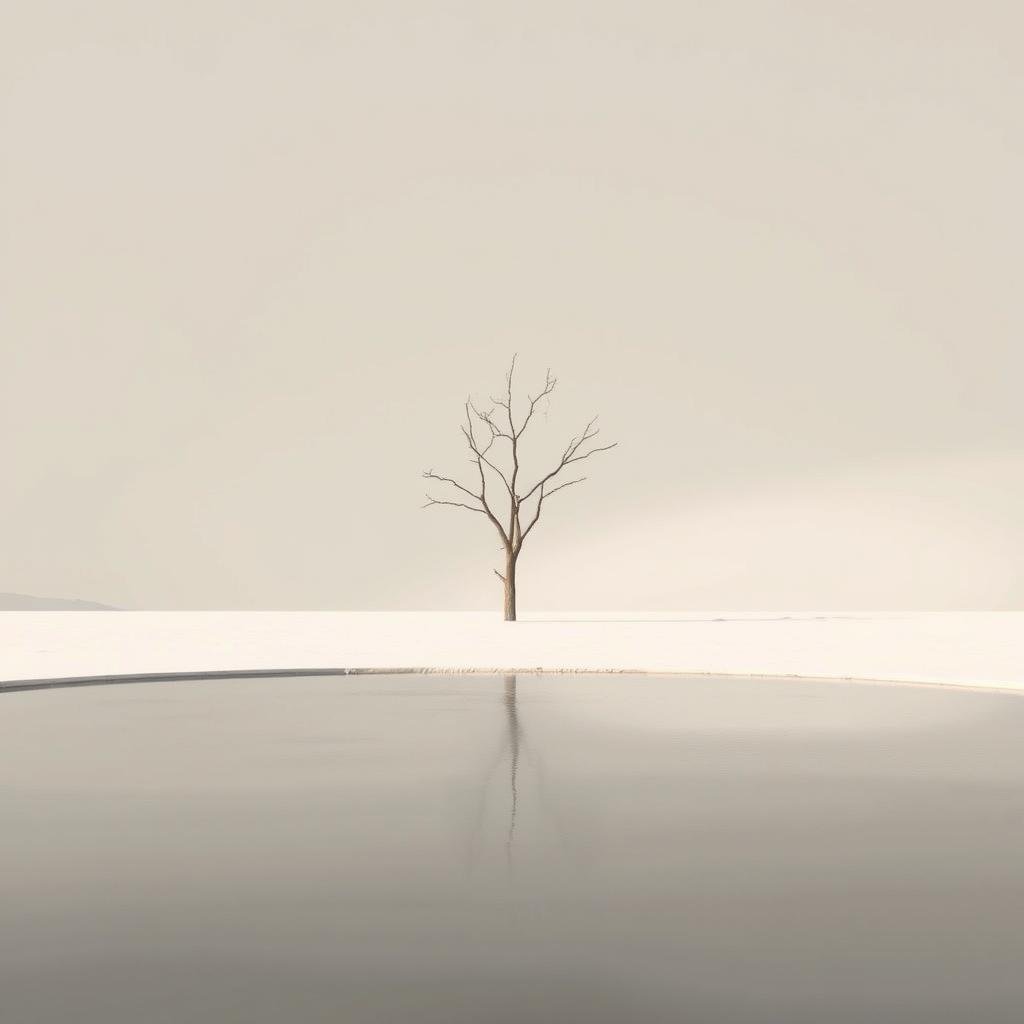 A serene, minimalist landscape with a calm, reflective pond in the foreground. Soft, diffused natural lighting illuminates the scene, casting gentle shadows. In the middle ground, a single, elegant tree stands, its bare branches reaching towards the sky. The background features a muted, neutral-toned horizon, suggesting a sense of tranquility and simplicity. The overall atmosphere evokes a feeling of mental clarity, focus, and the psychological benefits of embracing a minimalist lifestyle.