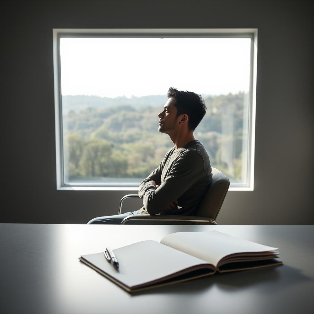 A serene, minimalist workspace with a large window overlooking a tranquil, natural landscape. On the desk, a notebook and a pen sit neatly, symbolizing the act of thoughtful contemplation. The lighting is soft and diffused, creating a calming atmosphere. The walls are painted a soothing shade of gray, complemented by simple, modern furnishings in muted tones. In the center of the frame, a person sits in a comfortable chair, their gaze directed inward, deep in introspection. The pose conveys a sense of focus and intentionality, reflecting the mindset shift required to master the art of saying no to overcommitments.
