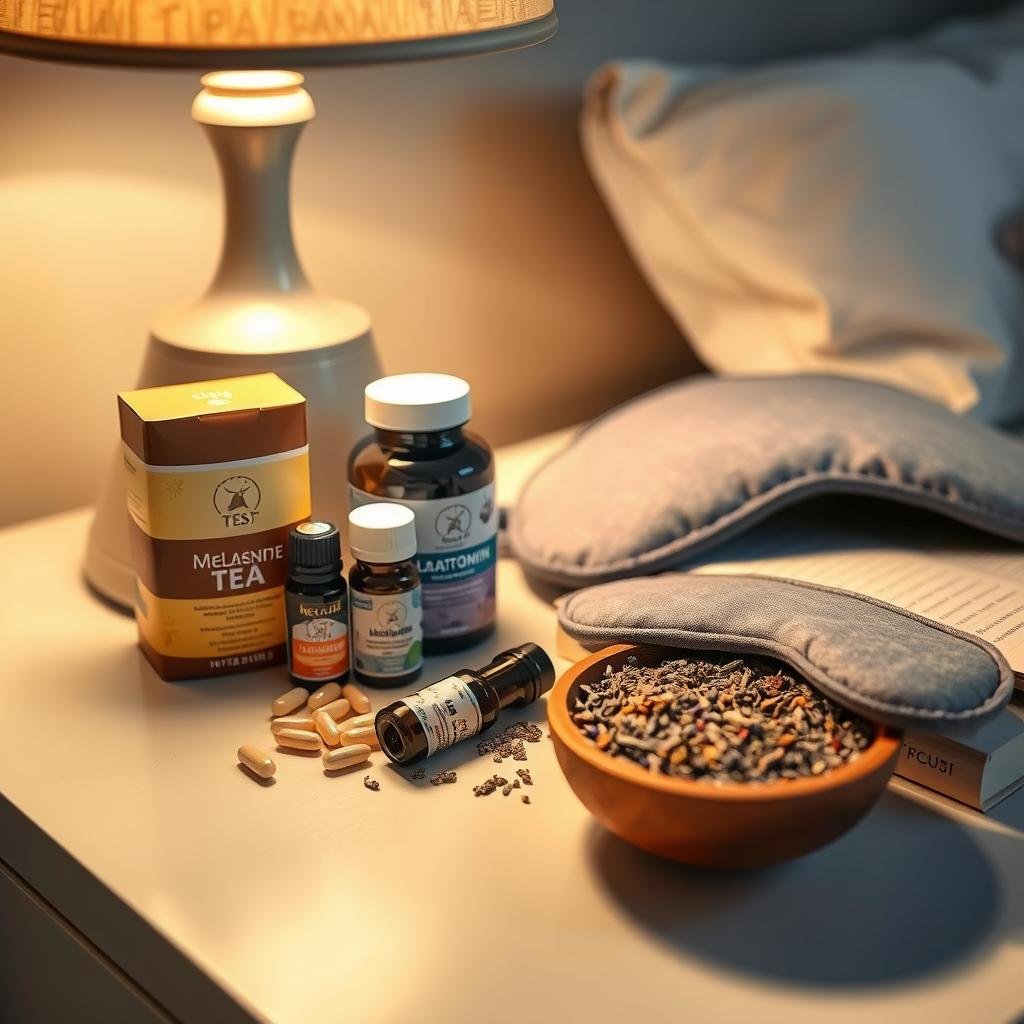 A serene nightstand setting, warmly lit by a softly glowing table lamp. On the surface, an assortment of natural sleep-promoting supplements - chamomile tea, melatonin capsules, lavender essential oil, and a soothing sleep-aid herbal blend in a wooden bowl. Nearby, a plush sleep mask and a calming book rest, creating an inviting atmosphere for restful slumber. The scene is captured with a shallow depth of field, focusing the viewer's attention on the carefully curated collection of sleep-friendly items. An overall sense of tranquility and relaxation pervades the image, echoing the title "Sleep-Friendly Supplements".