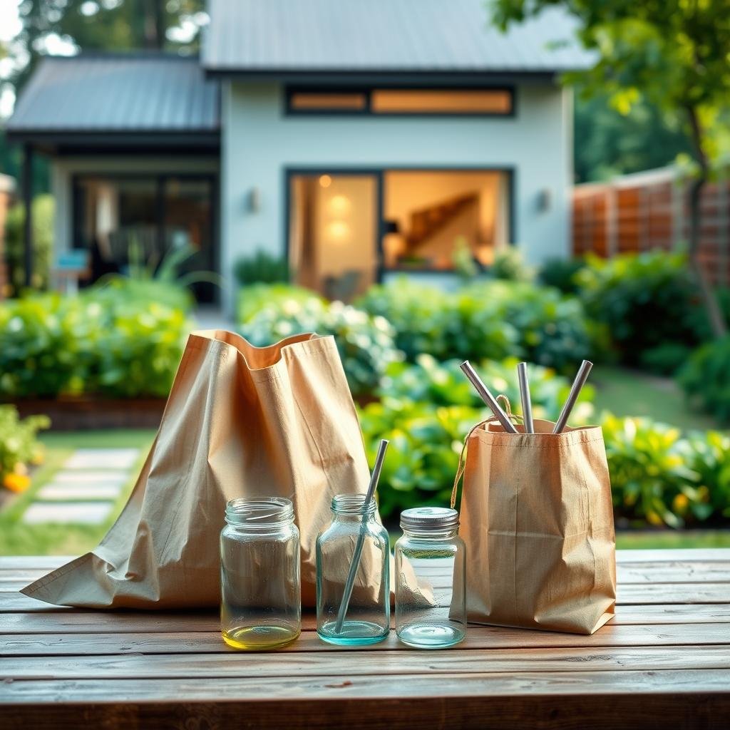 A serene outdoor scene showcasing eco-friendly living. In the foreground, reusable shopping bags, glass jars, and metal straws sit on a wooden table, embodying a plastic-free lifestyle. The middle ground features a lush garden with thriving plants, symbolizing sustainable growth. In the background, a modern, energy-efficient home reflects the transition to greener architecture. Soft, natural lighting illuminates the scene, creating a warm and inviting atmosphere. The overall composition evokes a sense of harmony between human and nature, inspiring a more mindful and environmentally-conscious way of living.