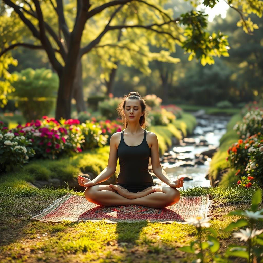 A serene outdoor scene with a person practicing gentle yoga or meditation in a lush, verdant garden. Soft, warm sunlight filters through the trees, casting a peaceful glow. In the foreground, the figure sits cross-legged on a colorful woven mat, eyes closed in tranquil concentration. Surrounded by vibrant flowerbeds and a babbling brook, the scene evokes a sense of calm and rejuvenation. The image should convey the importance of taking time for self-care and finding effective ways to alleviate stress through mindful practices in nature.