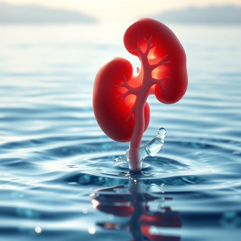 A serene, photorealistic image of a healthy human kidney set against a backdrop of clear, glistening water. The kidney, rendered with intricate anatomical detail, is the focal point, bathed in soft, diffused lighting that highlights its delicate structure. The water surrounds the kidney, symbolizing the vital role of hydration in maintaining its optimal function. The background is a tranquil, blurred landscape, evoking a sense of balance and well-being. The overall composition conveys the importance of proper hydration for kidney health, with a visually striking and calming aesthetic.