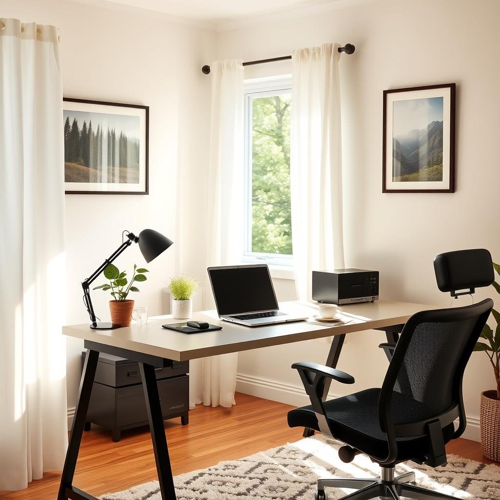A serene, sun-dappled home office, with soft natural light filtering through lightly curtained windows. On a well-organized desk, a laptop, a potted plant, and a cup of steaming tea - symbols of focused productivity and inner calm. The walls are adorned with framed nature photographs, conveying a sense of tranquility. An ergonomic chair and a plush rug underfoot create a cozy, comfortable atmosphere. The overall scene reflects a harmonious balance between efficiency and mindfulness, inviting the viewer to experience the mental clarity and reduced stress of a well-designed workspace.