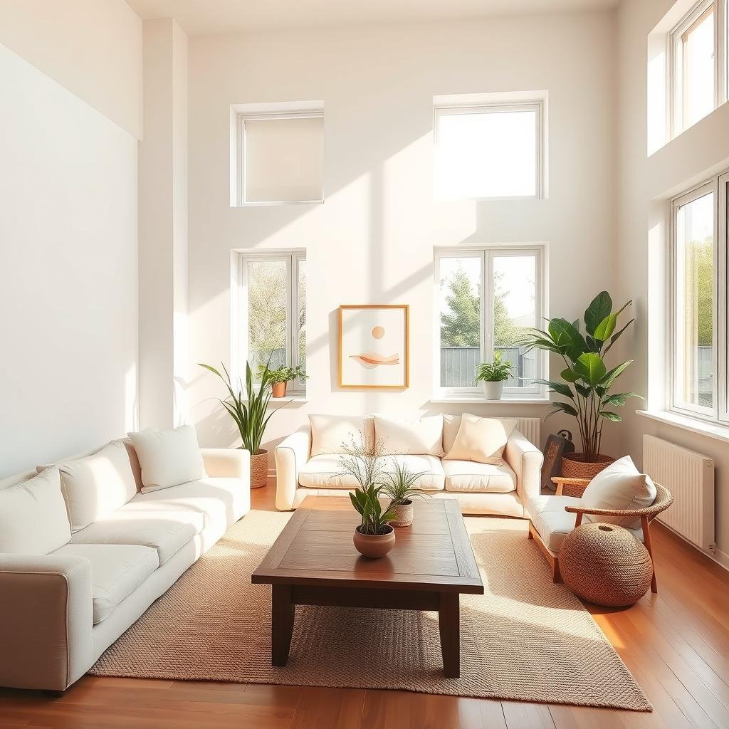 A serene, sun-drenched living room with an airy, minimalist aesthetic. Soft white walls, plush beige sofa, and a wooden coffee table invite relaxation. Warm natural light filters through large windows, casting a peaceful glow. Potted plants and a small, abstract artwork add subtle pops of green and color. The atmosphere exudes a sense of tranquility and mindfulness, creating a stress-free oasis within the home. A wide-angle lens captures the spacious, uncluttered layout, emphasizing the calming ambiance. This image perfectly encapsulates the essence of a harmonious, stress-free home environment.